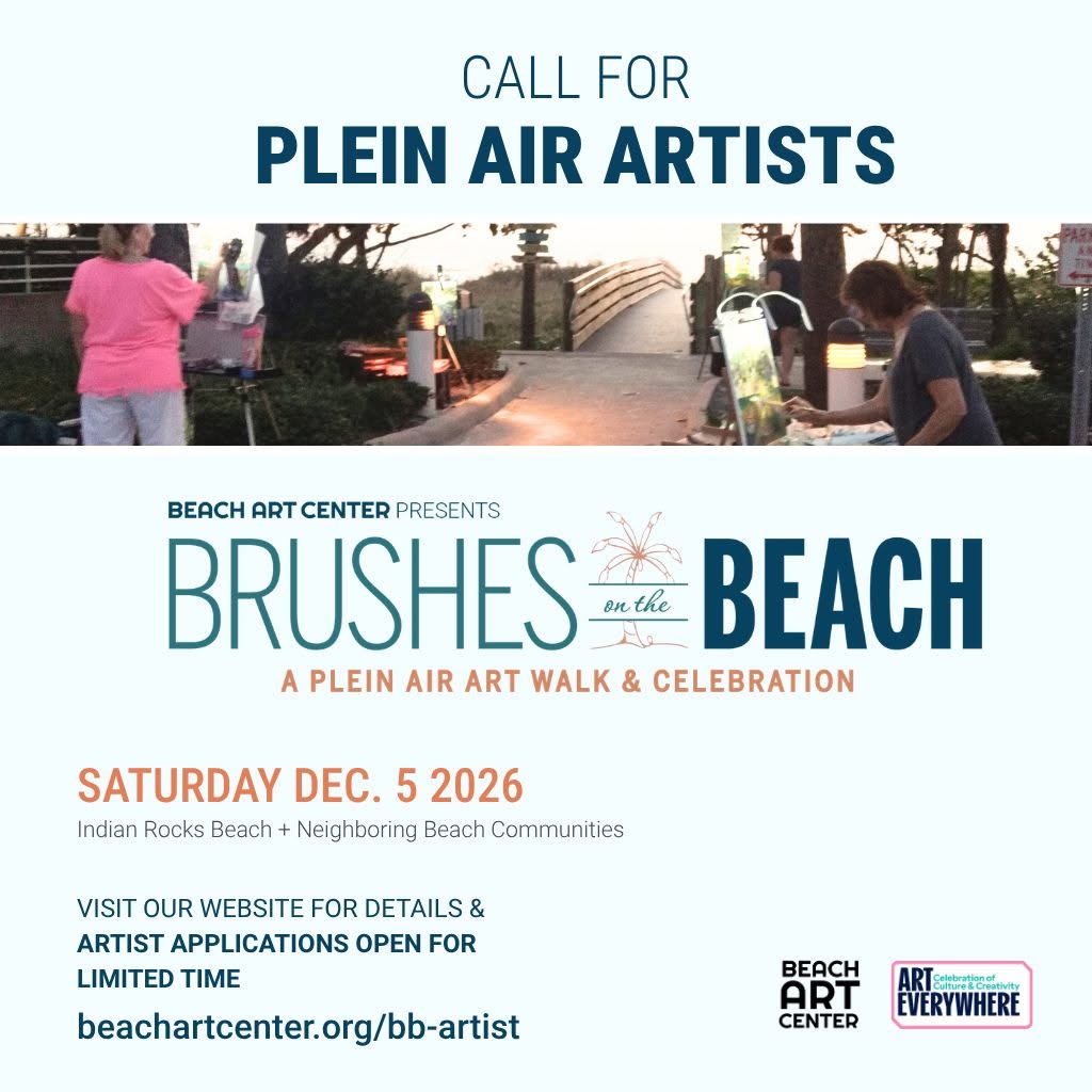 Beach Art Center Brushes on the Beach plein air art walk and celebration flyer for Saturday, December 5, 2026, in Indian Rocks Beach and neighboring beach communities