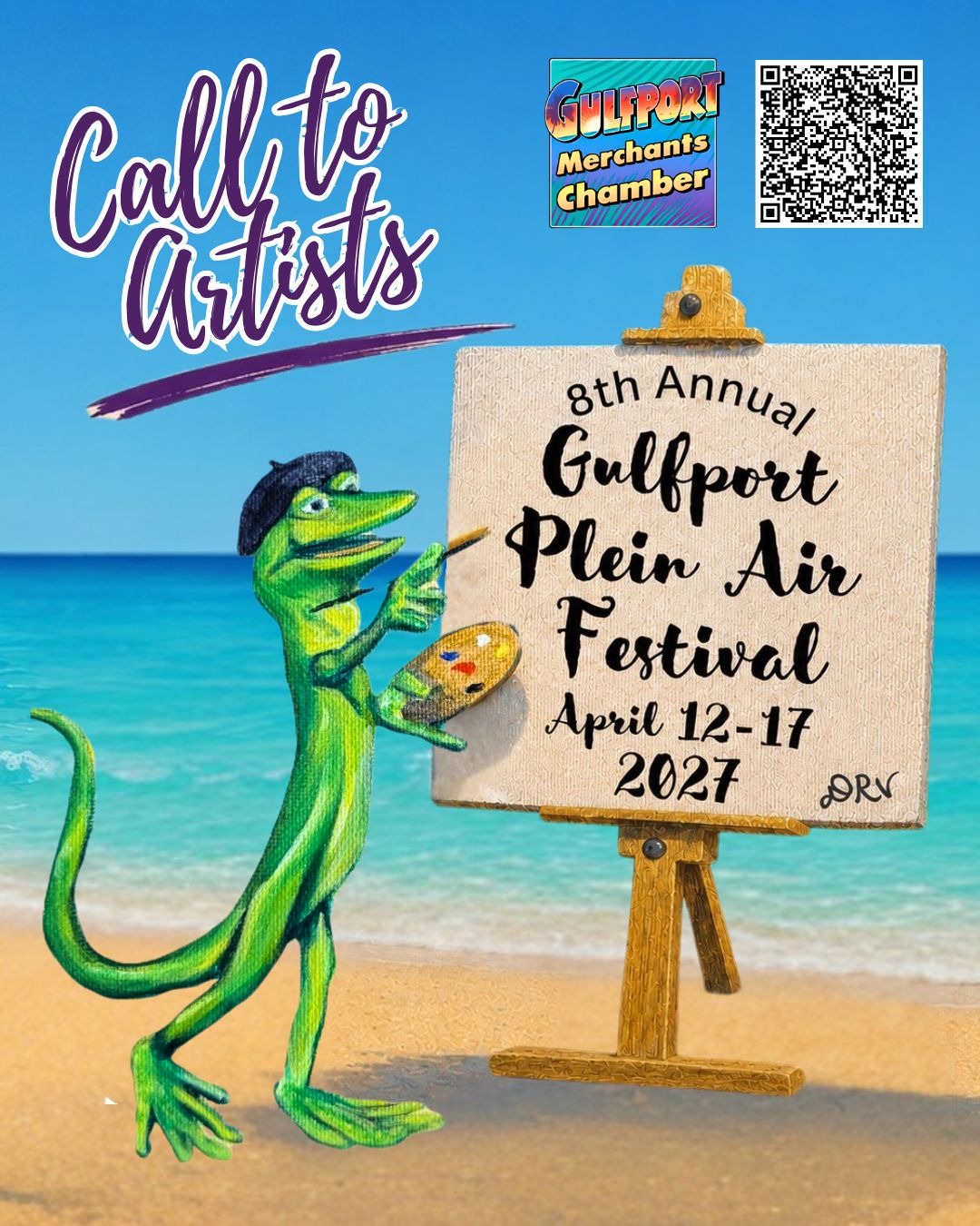 Call to artists flyer for the 8th Annual Gulfport Plein Air Festival, April 12–17, 2027, featuring a gecko painting at an easel on the beach